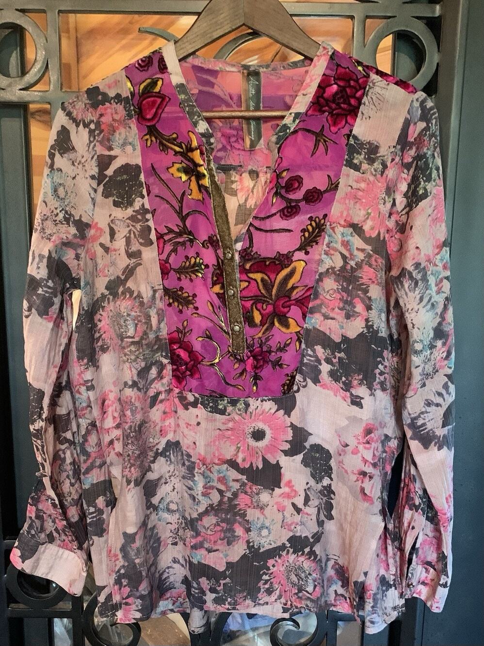 Arrata Silent Journey Velvet Burnout Floral Sheer Top Boho Tunic Women's Size M